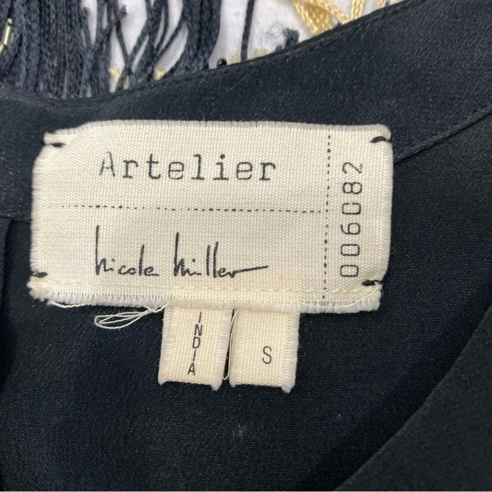 Artelier Nicole Miller Silk  Beaded Sequined Top Black Gold Fringe Sheer Small - Image 8