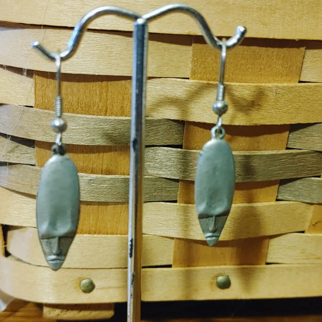 Tribal Mask Face Dangle Earrings Silver Tone Metal Alloy Elongated Oval Teardrop - Image 7