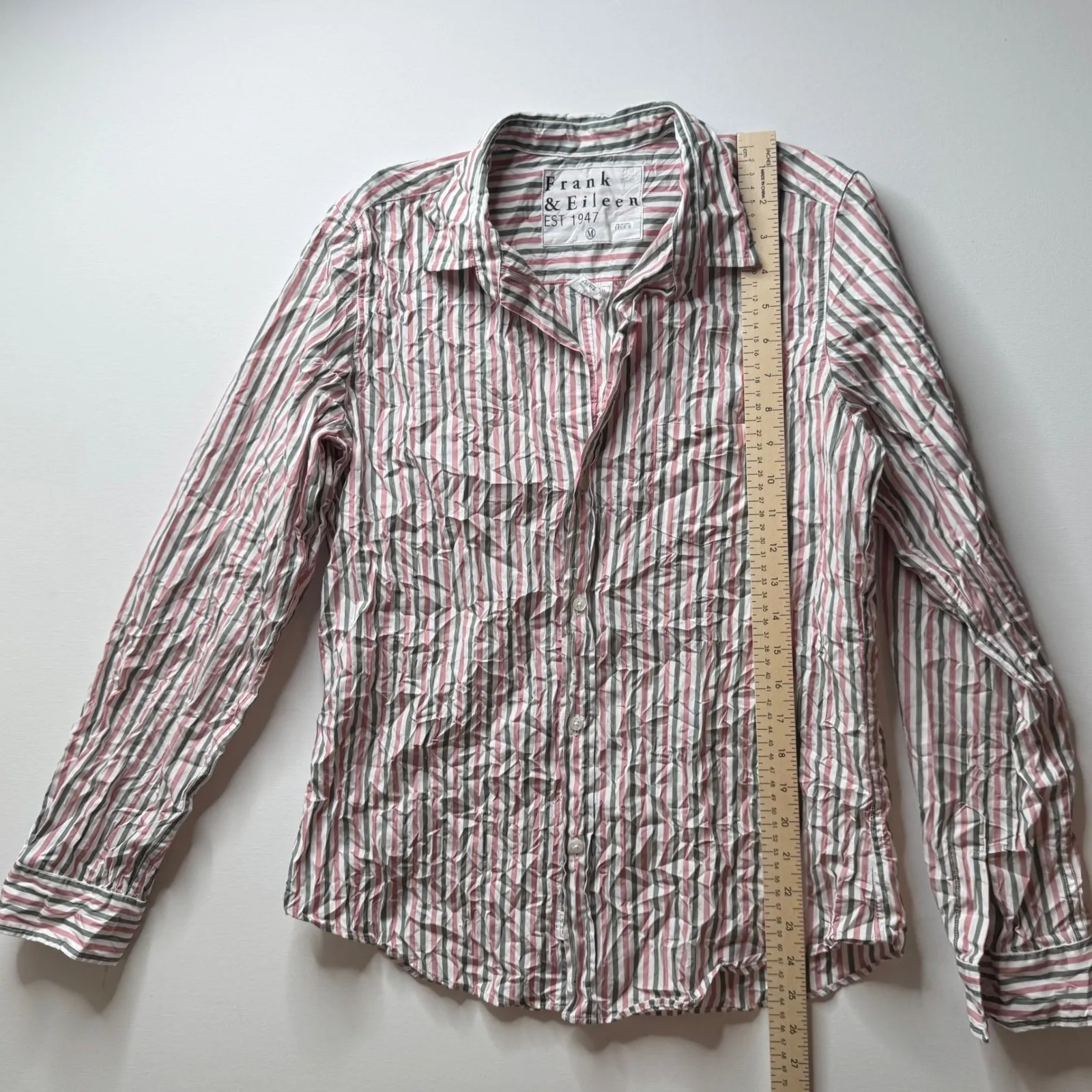 Frank and Eileen Barry Crinkle Button Down Shirt Medium Striped Cotton Italy - Image 9