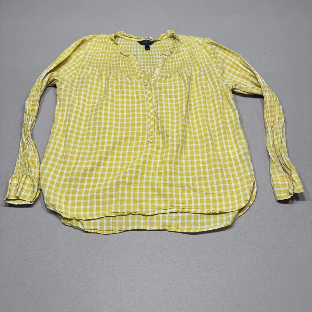 J. Crew Gingham Print Chic Pleated Bib Ruffle Trim Lightweight Blouse - Image 2