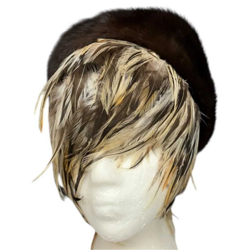 Vintage Mink Fur Pillbox Hat Brown With Hair Comb Clips Winter Mod Vintage Hat - Image 3
