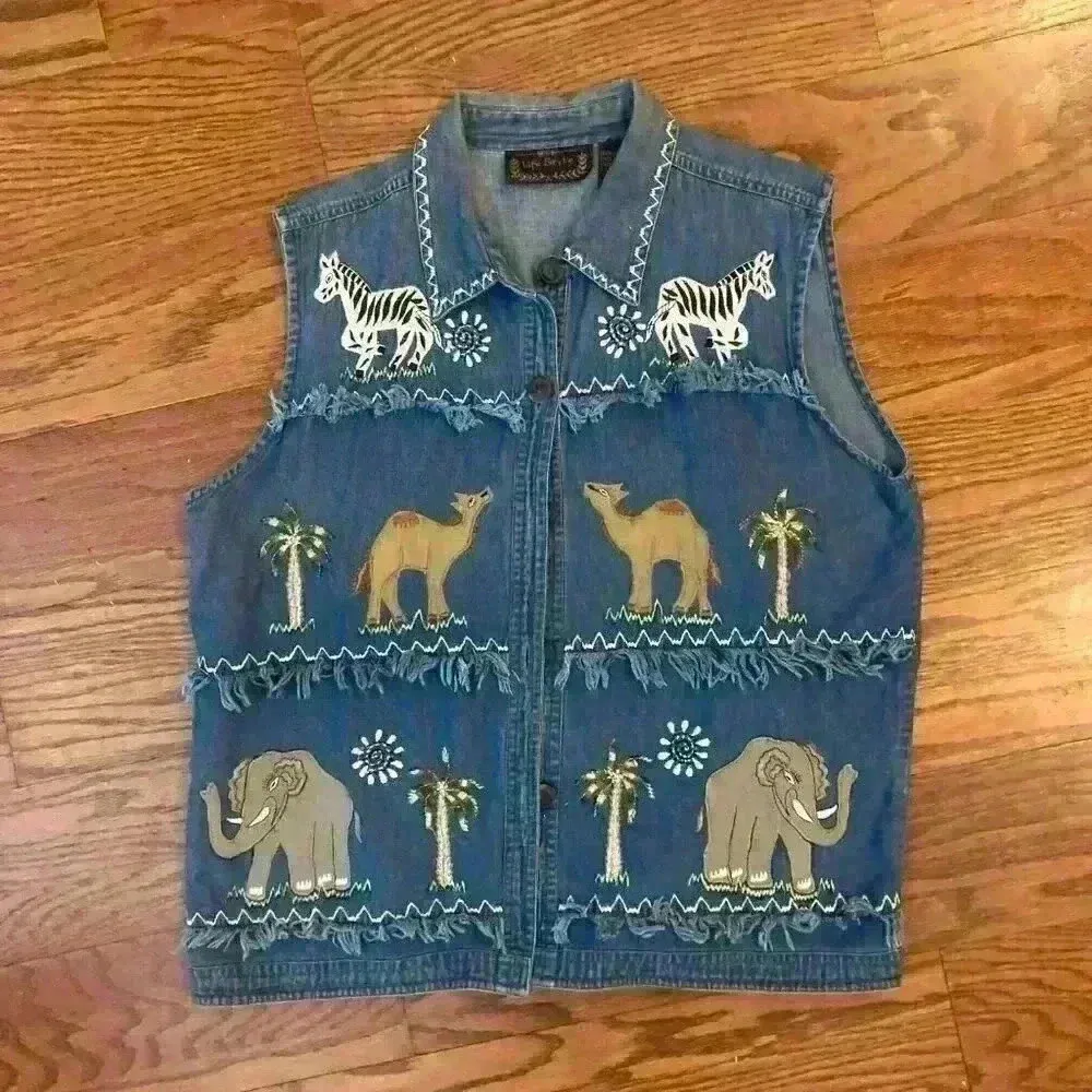 Vintage 90's Y2K Denim Vest Embroidered Safari Animals Size XL Made in India Blue - Image 2