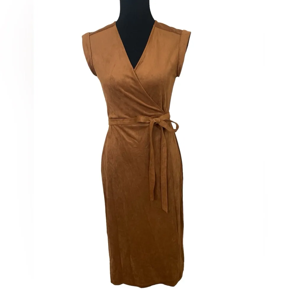 Brown sleeveless soft Faux suede midi wrap dress - Image 3