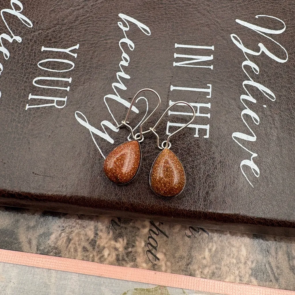 Goldstone Teardrop Earrings Stainless Steel Hypoallergenic 14x10mm - Image 5