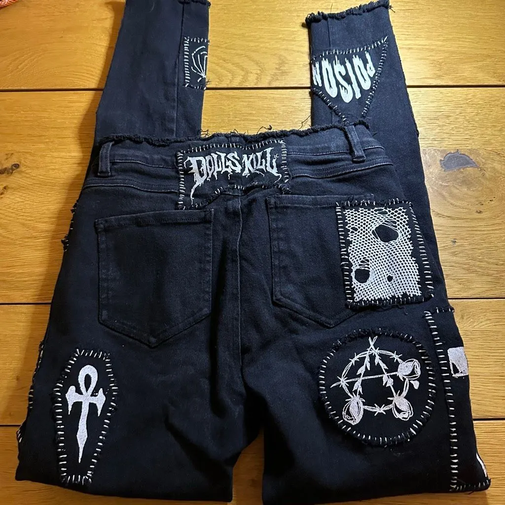 Dolls Kill Current Mood Stitch Lace-Up Patchwork Jeans black stretch denim s - Image 10