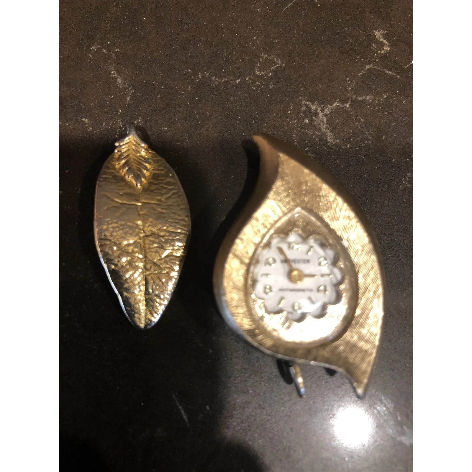 Vtg Swiss‎ Harvester gold tone Pendant Watch Anti Magnetic + Gold Plated Leaf - Image 2