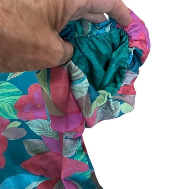 THML Flower Power Mini Dress Teal Pink Puff Sleeve Tiered Short Dress‎ Size XL - Image 12