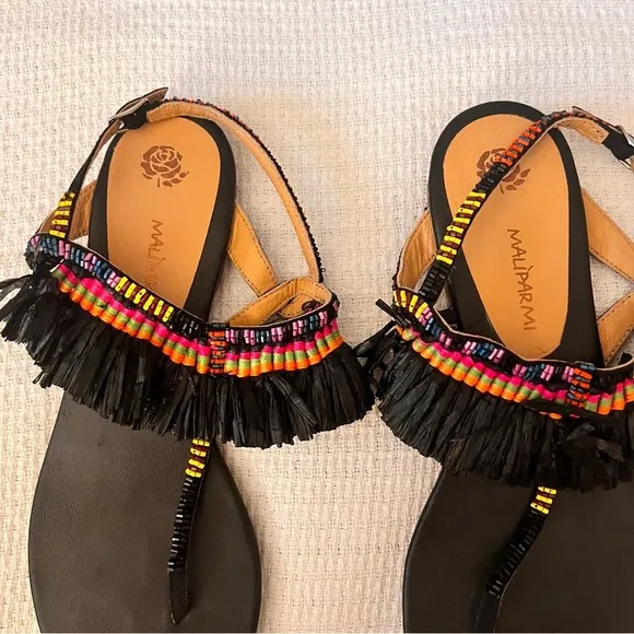 Anthropologie Maliparmi‎ Vreeland Circus Beaded Tassel Bohemian Sandals Size 39 Black - Image 3