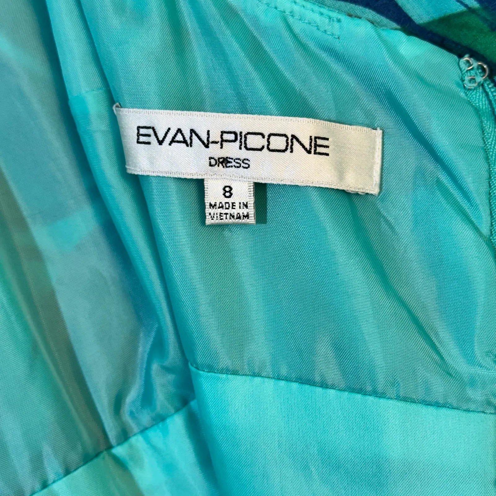 Evan Picone Sleeveless Tropical Print Teal Blue Midi Dress Size 8 Cotton Lined - Image 3