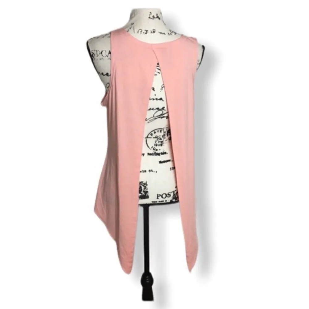 Peach Draped Open Back Tank Top Sz S Soft Flowy Asymmetrical Hem Pink - Image 4