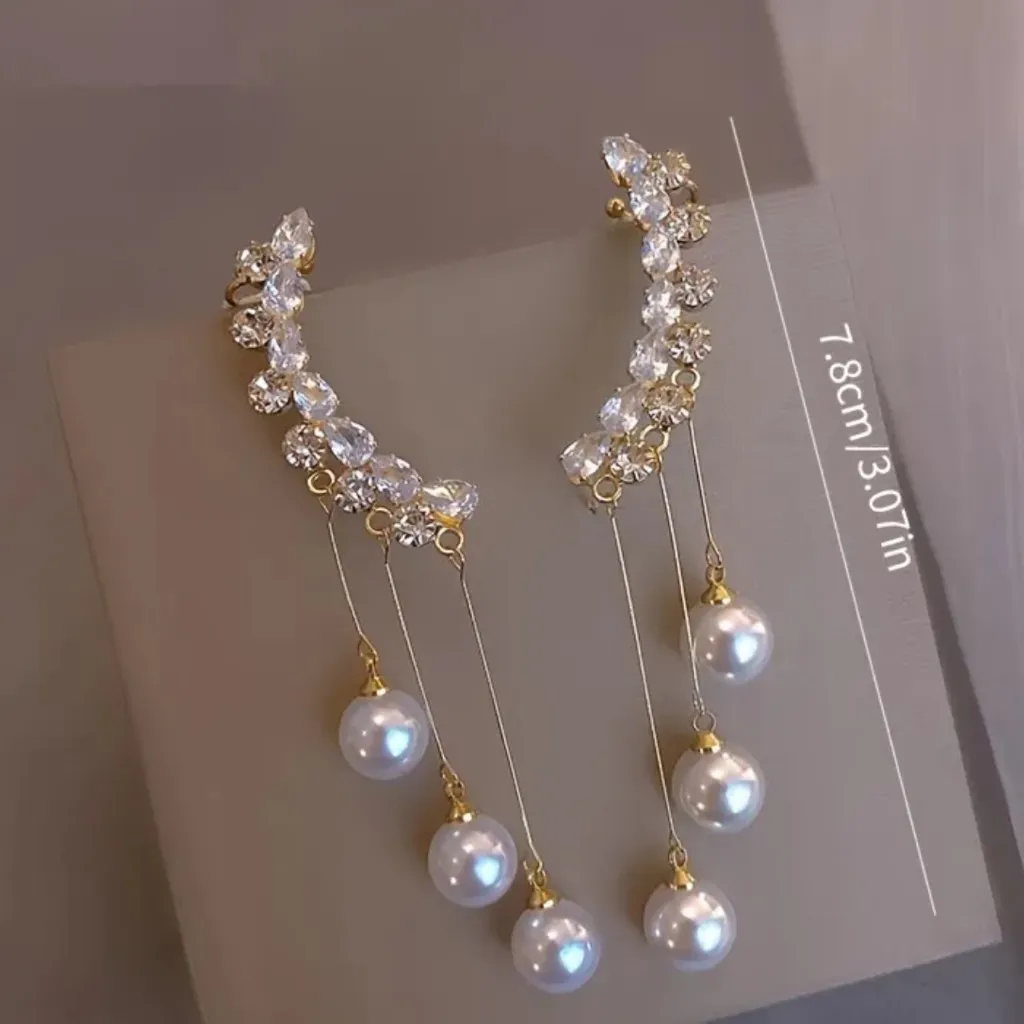 Imitation‎ Pearl Tassel Stud Earrings Inlaid Alloy Ear Jewelry Exquisite Shiny Gold - Image 6