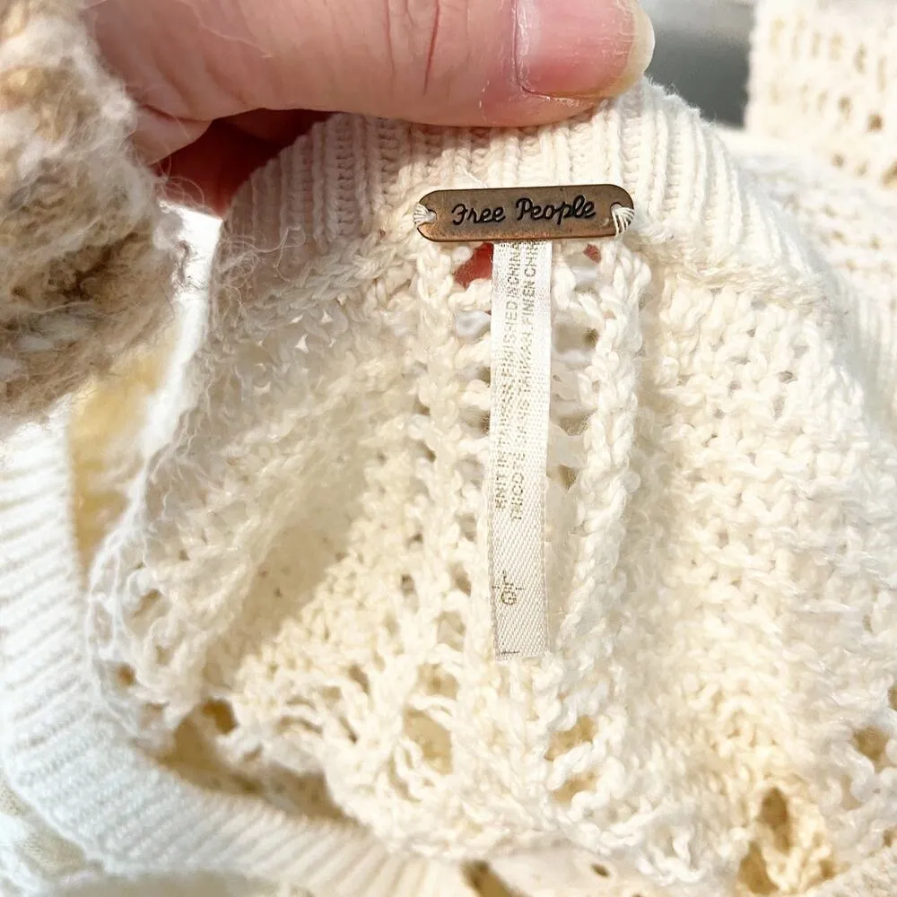 Free People Cotton Crochet Long Sleeve Crewneck Sweater Ivory Large - Image 3