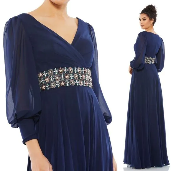 Mac Duggal 79390 Size 10 Bishop Sleeve Belt Detail Flowy Chiffon Gown, Midnight - Image 2