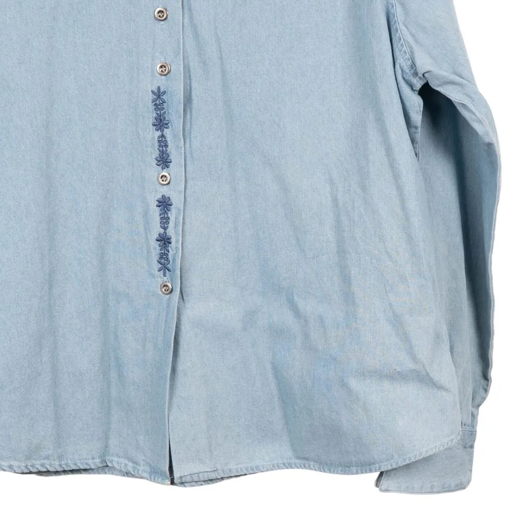 Denim Button Up Shirt VTG XL 16 18 Mandarin Collar Flraol Embroidered Cotton Blue - Image 3