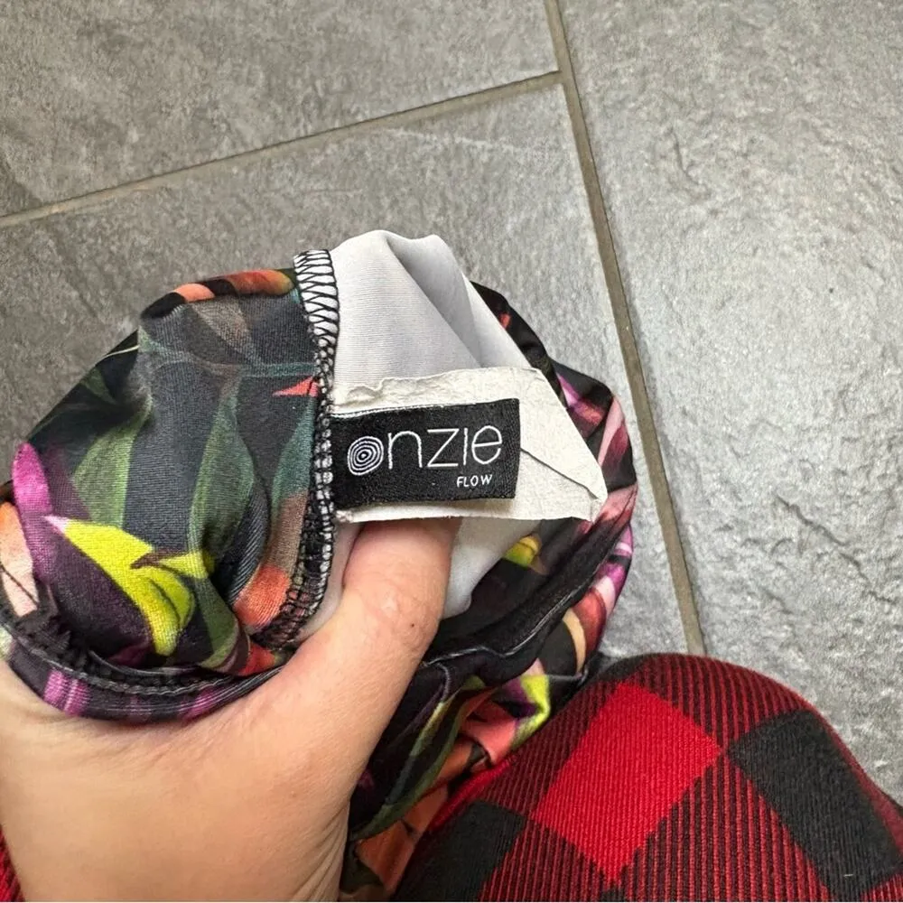 Onzie Flow Dark Green Tropical Floral Smooth Legging XS Black Vibrant Athleisure - Image 7