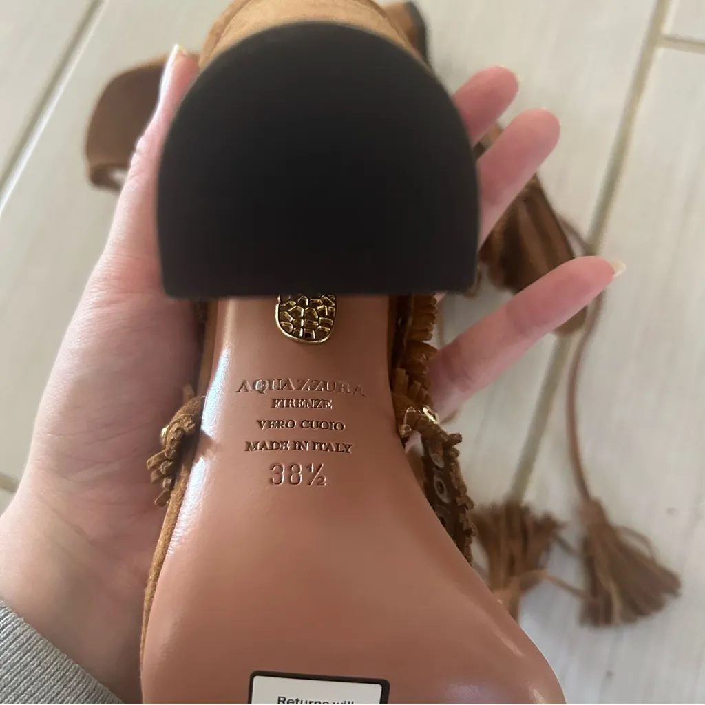 Aquazzura Studded Tan Fringe Wrap Lace Suede Heels Size 38.5 - Image 6