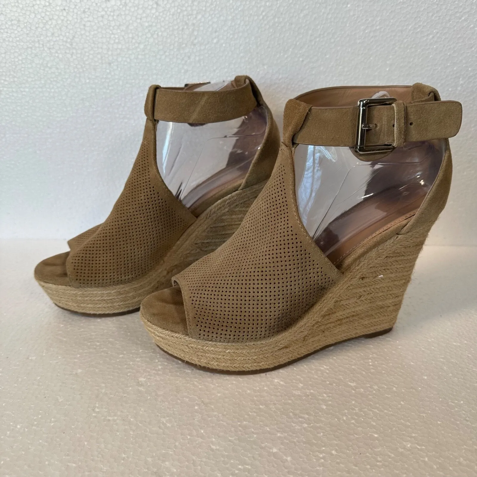 Marc Fisher Alison Espadrille Wedges Womens 8.5 Tan Beige Perforated Suede 4.5" - Image 7