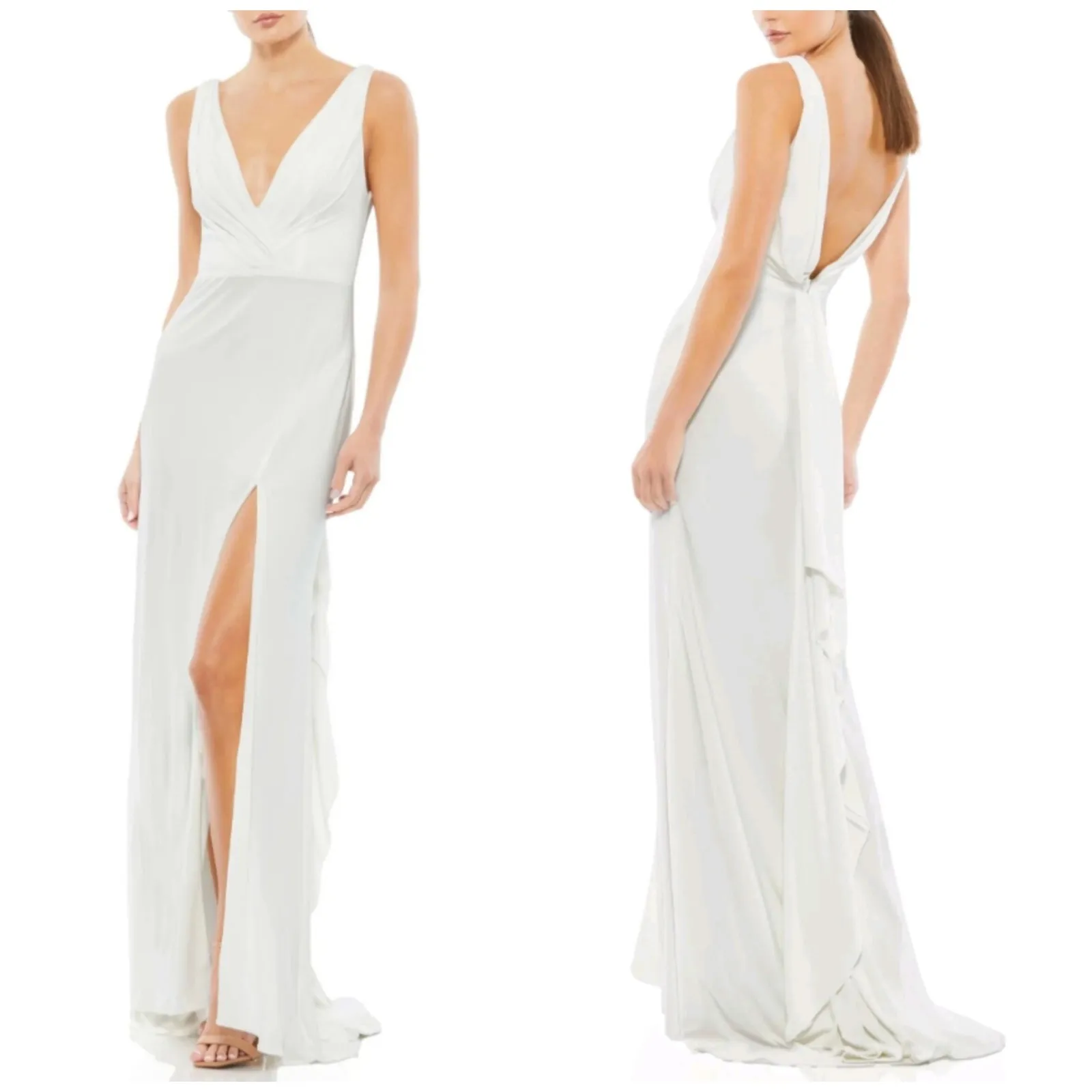 Mac Duggal Faux Wrap V-neck Thigh Slit White Cowl Back Bustle Tail Gown sz 6 NWT - Image 2