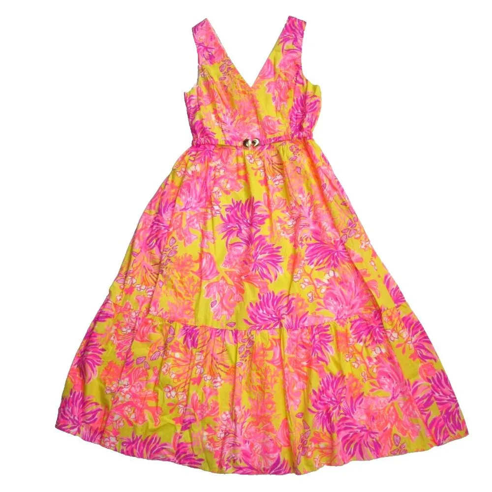 NWT Lilly Pulitzer Bri in Calla Yellow Floral Coral V-neck Cotton Midi Dress 10 - Image 3