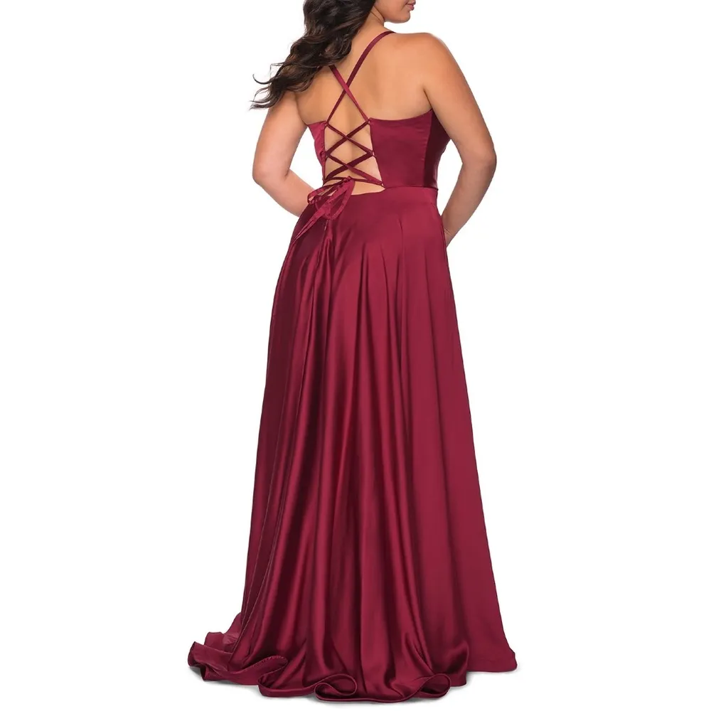 La Femme 29033 Faux Wrap Top Lace Up Back Satin Gown - Image 10