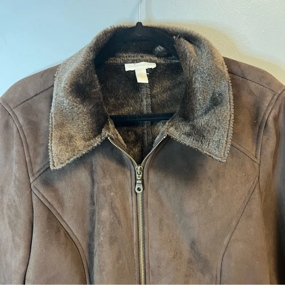 Charter Club Jacket Brown Faux Suede Lined w/ Faux Fur/ Shearling Sz L EUC Zip - Image 2
