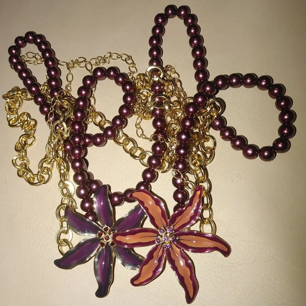 Orchid Necklace Large 3 Strand Vintage Purple Beaded Gold Chain Enamel Flower - Image 2