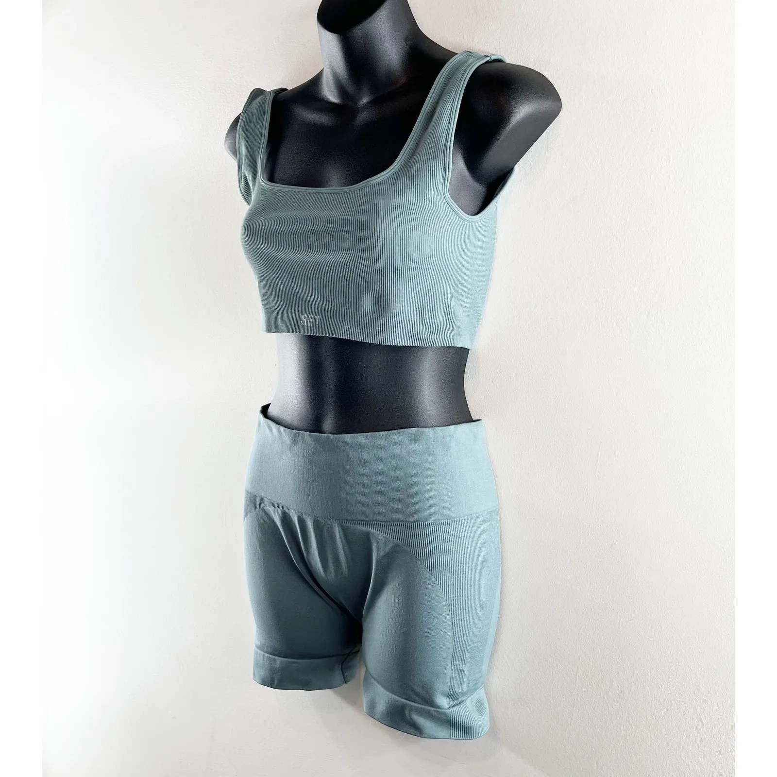 SET Active Sculptflex Power Ribbed Sports Bra Bike Short Set Muted Blue Large - Image 4