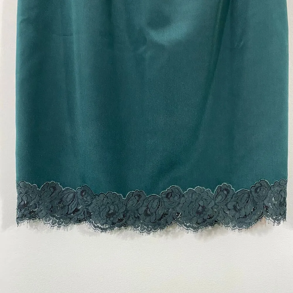 Vtg Anya For Neiman Marcus Emerald Green 100% Silk Lace Trim Pencil Skirt Size 6 - Image 5