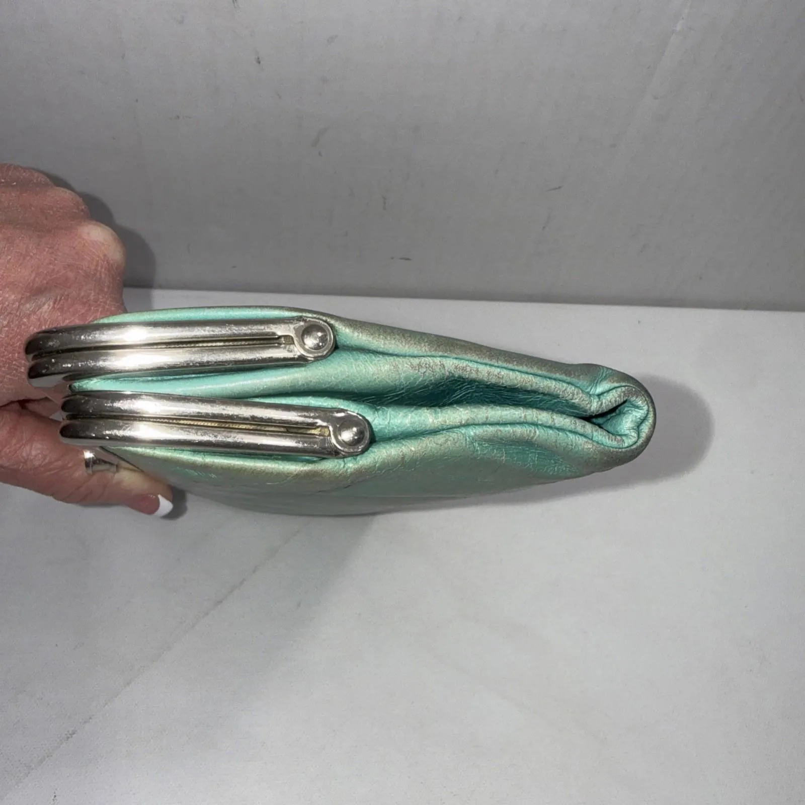 Vintage Y2K Hobo Embossed Leather Teal Carry All Clutch Equestrian Lauren Wallet Green - Image 5