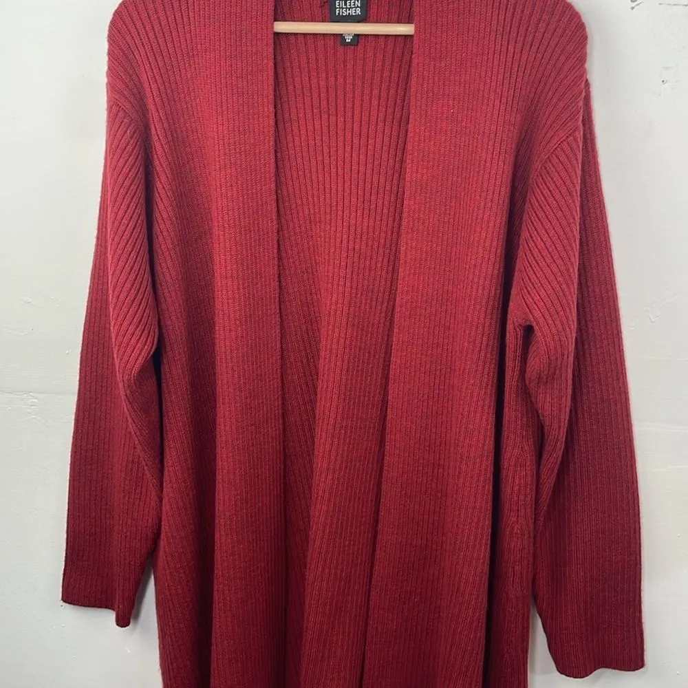 Eileen Fisher Open Front Ribbed Cardigan Sweater 100% Merino Wool Deep Red Med - Image 3