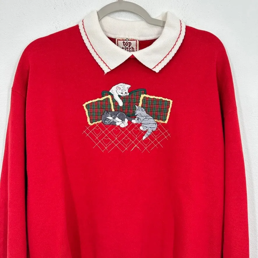 Top Stitch By Morning Sun Red Cat Embroidered Collared Sweatshirt Christmas Size L - Image 3