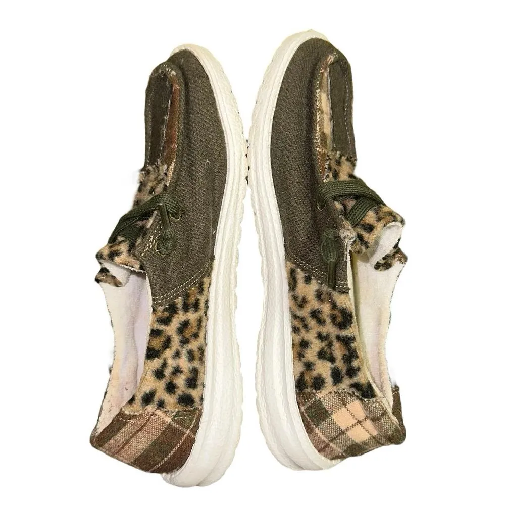 Gypsy Jazz Patchwork Leopard Plaid Slip On Shoes Green Size 6 - Image 5