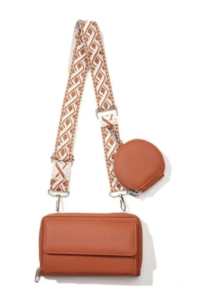 New!Camel Tan VEGAN LEATHER CROSSBODY DUO WALLET HANDBAG - Image 3