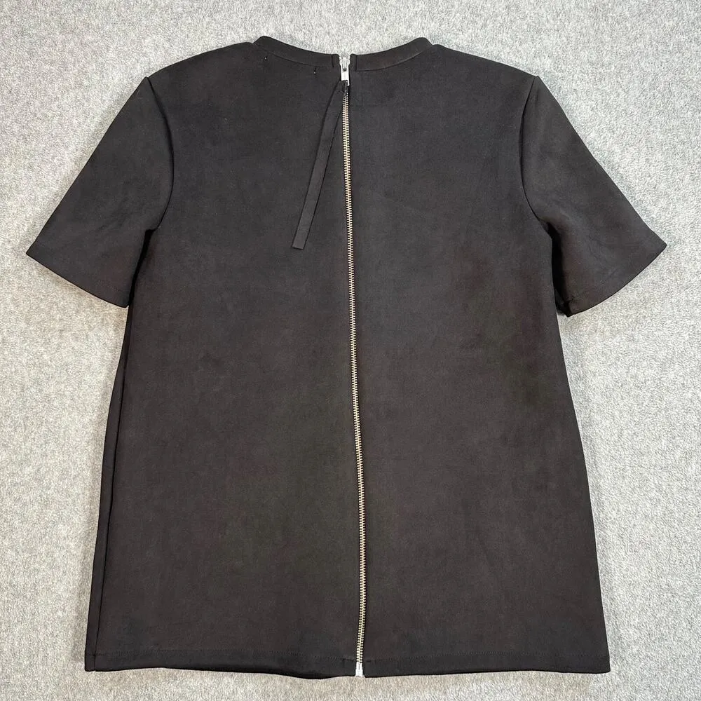 Zara Faux Suede Black Top Exposed Back Zipper Women's Small Short Sleeve - Image 6