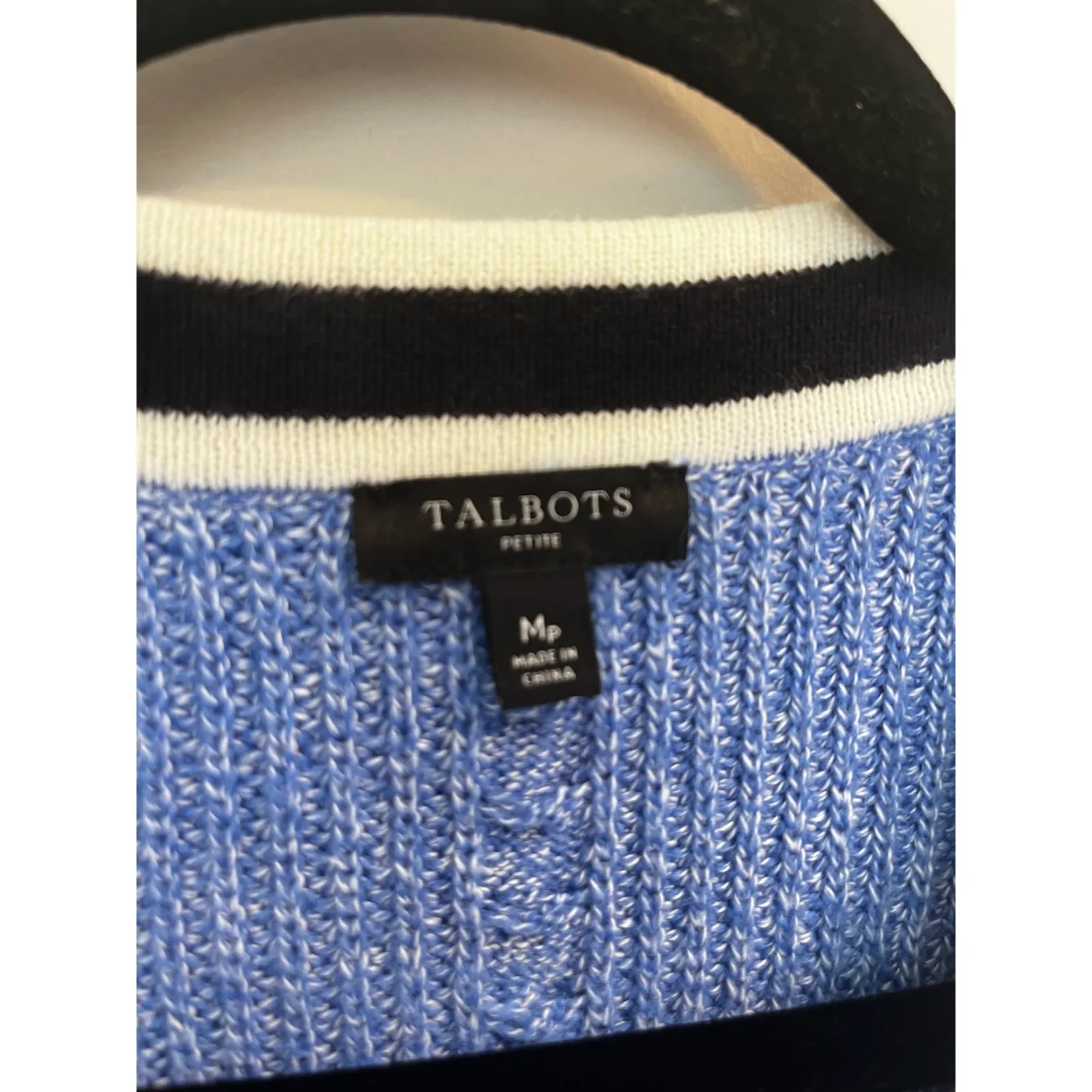 Talbots Cable Knit Cardigan - Tipped Cotton Blend Blue Tenniscore sz. Mp - Image 7