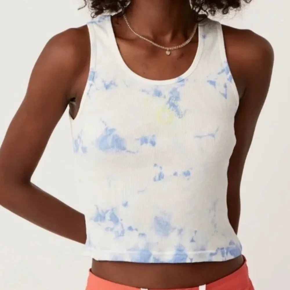 Daydreamer Blue and White Cloud Tie Dye Ribbed Crop Cotton Tank size XS - Image 2