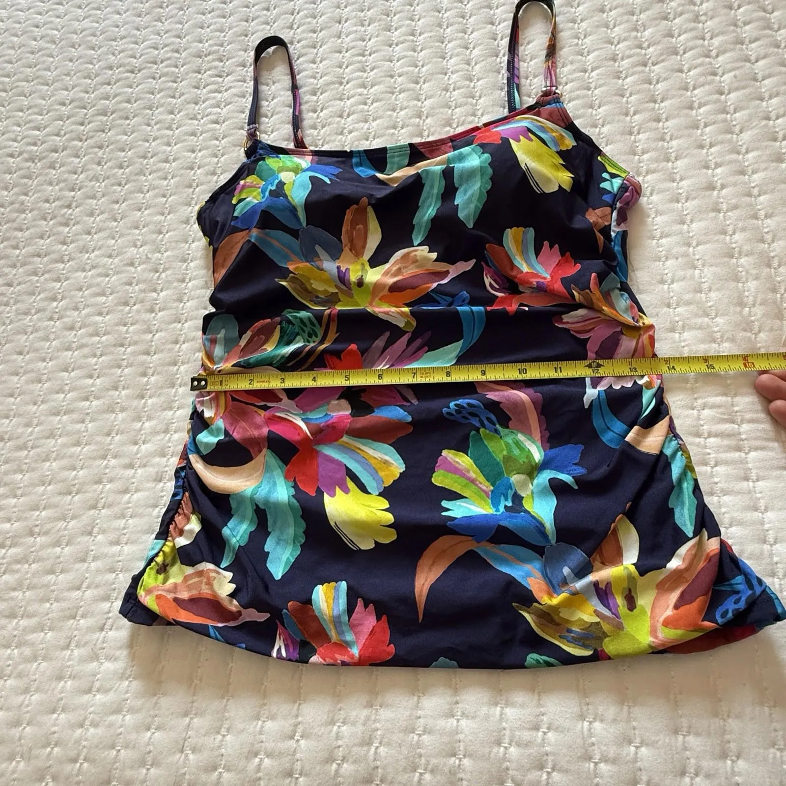 La Blanca Square Neck Ruched Tropical Flowers Blue Tankini Swim Top Sz 8 - Image 3
