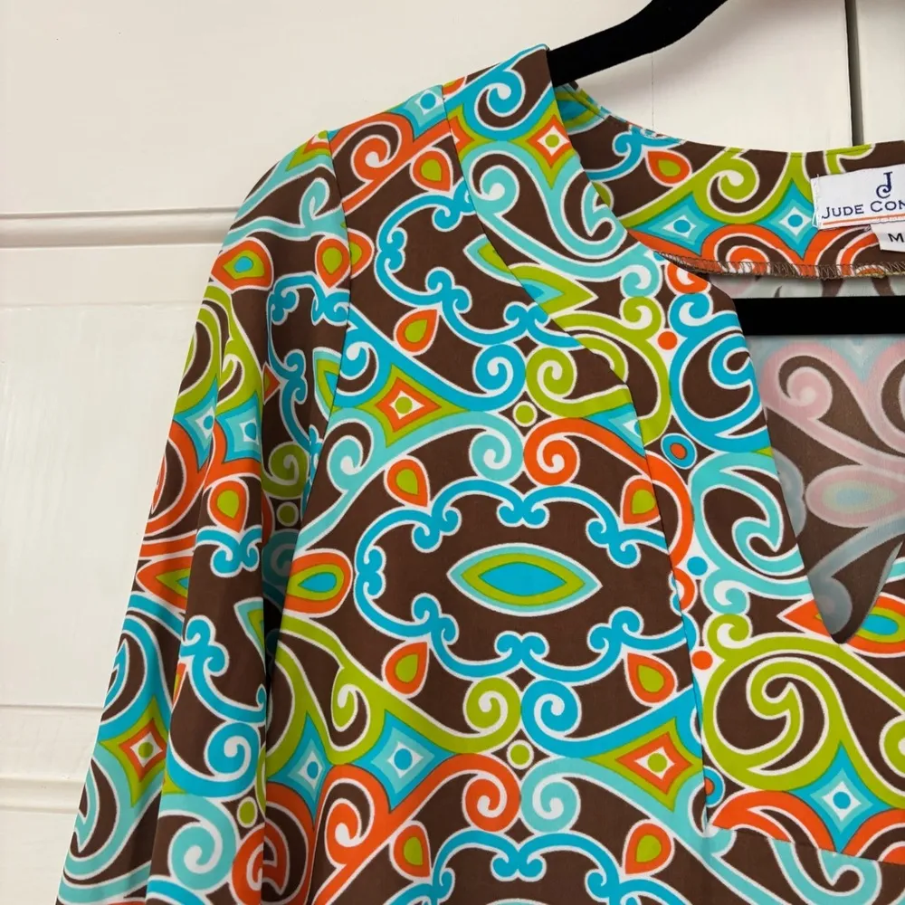 Jude Connally Megan Dress Jude Cloth Size Medium Retro 60s Print 70s Made in USA Blue - Image 3