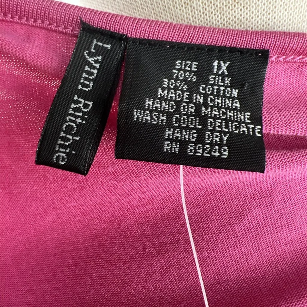 Lynn Ritchie 1X Silk Cotton Knit Top Fuchsia Bright Pink Cap Sleeve Strawberry - Image 7