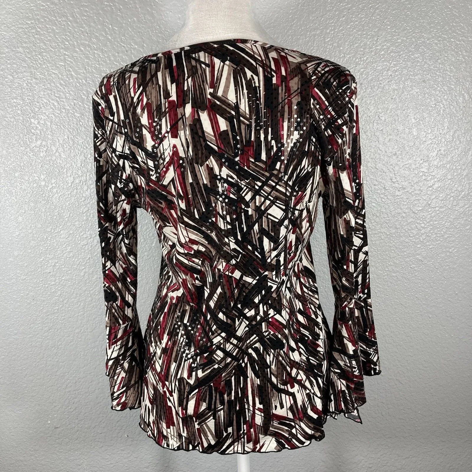 Cato’s Geometric Blouse Top S Shimmer Dots Shirt Stripe Print Bell Sleeve Career - Image 7