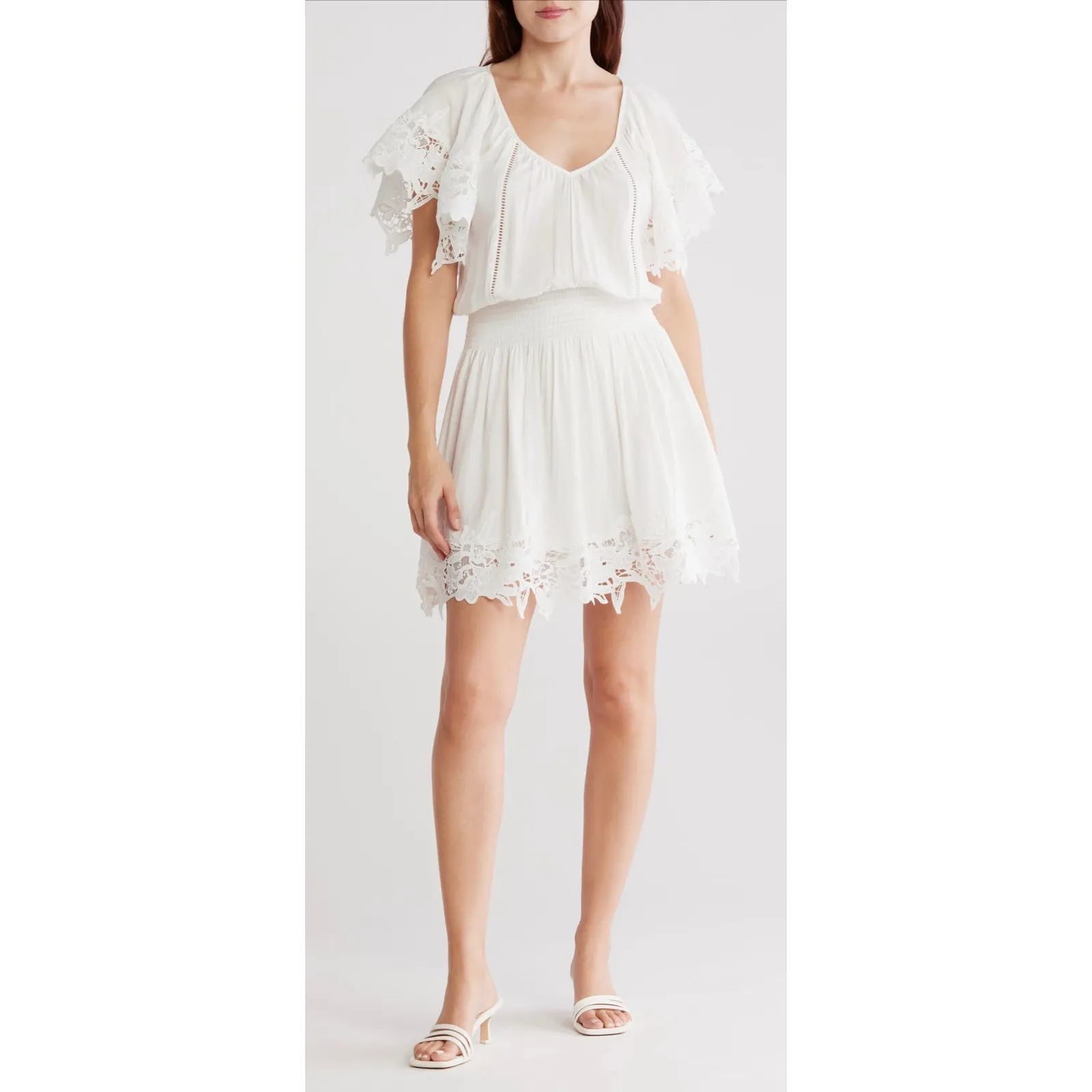 Ramy Brook Mini Dress Jacy Linen Blend Embroidered Lace Trim Smocked Waist - Image 10