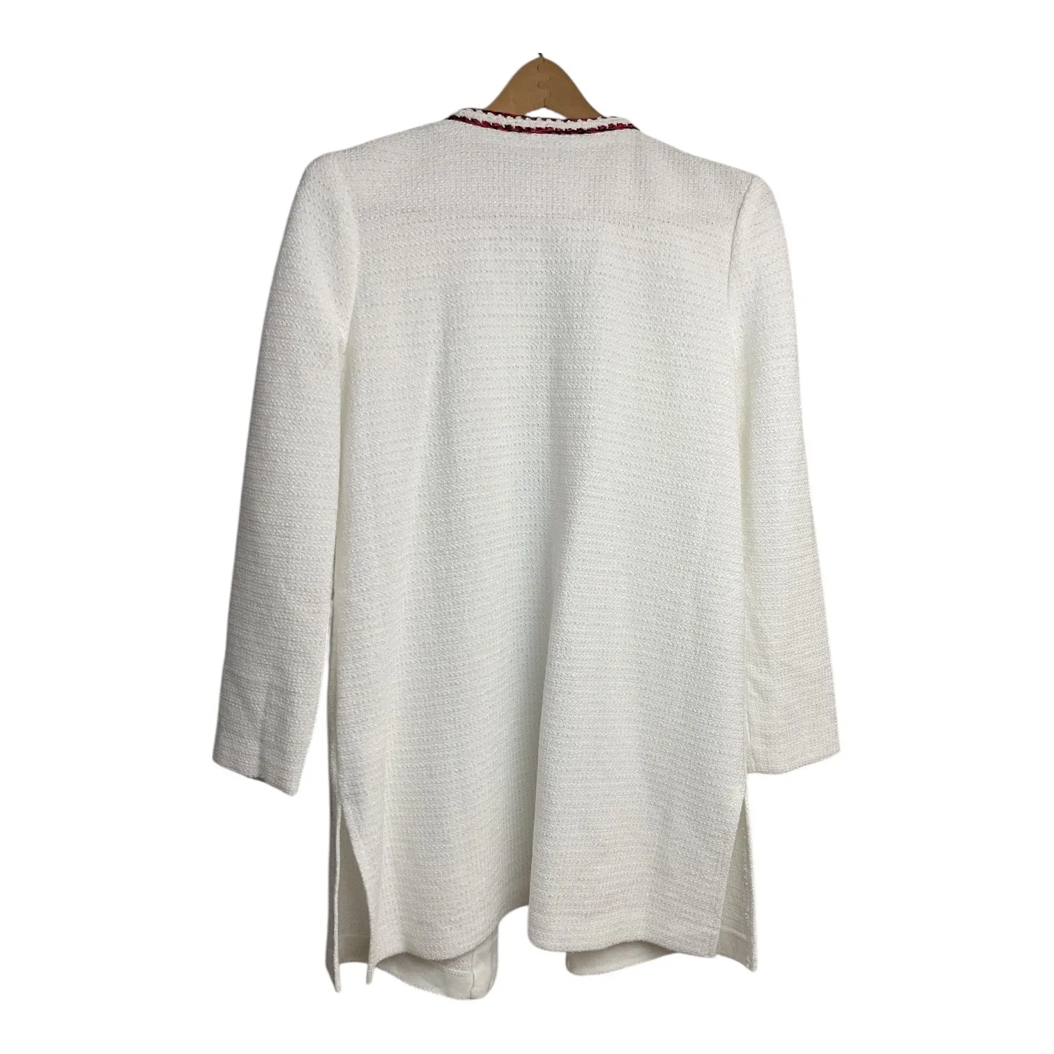 MISOOK White Textured Open Front Cardigan Jacket Womens Size M Red Trim Pockets - Image 5