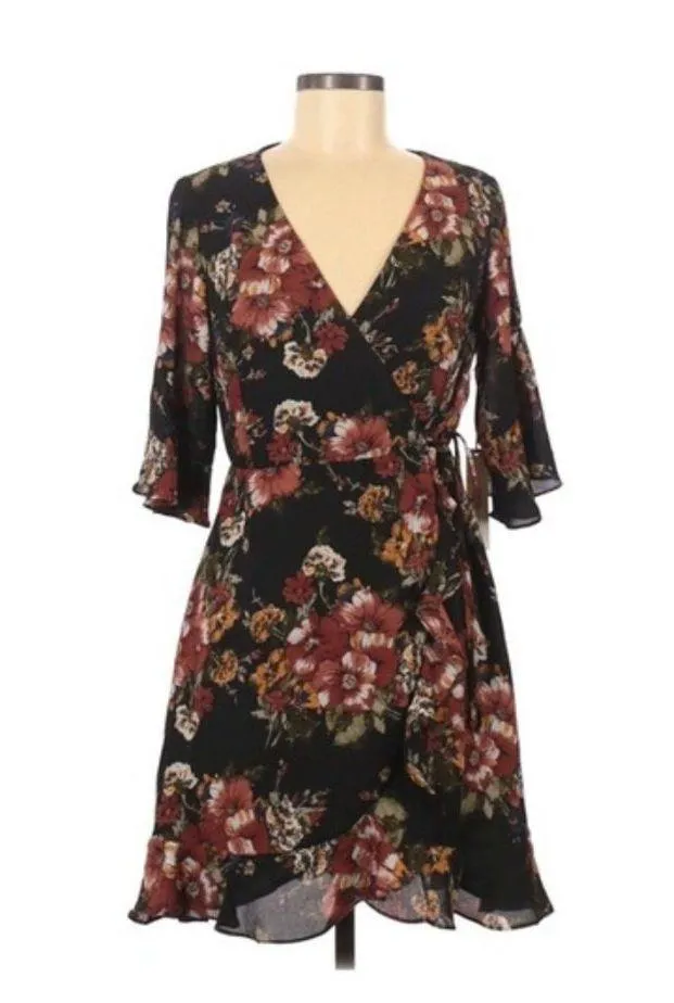 June & Hudson Wrap Dress Floral Mini Black Orange Brown Size M New w/Tag - Image 2