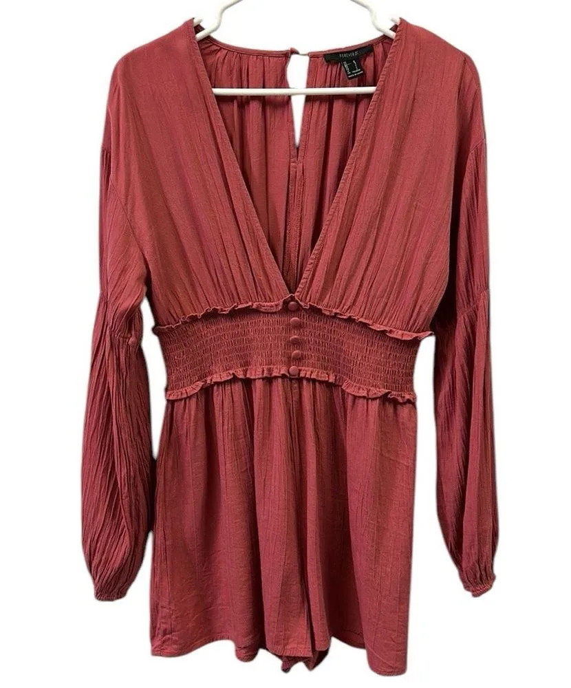 Forever 21 Plunging Ruffled Smocked Peasant Boho Long Sleeve Shorts Romper Small - Image 8