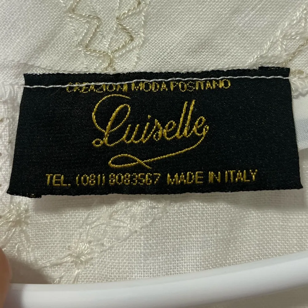 Luiselle Moda Positano Made In Italy Linen embroidered button down Top blouse LG White - Image 3