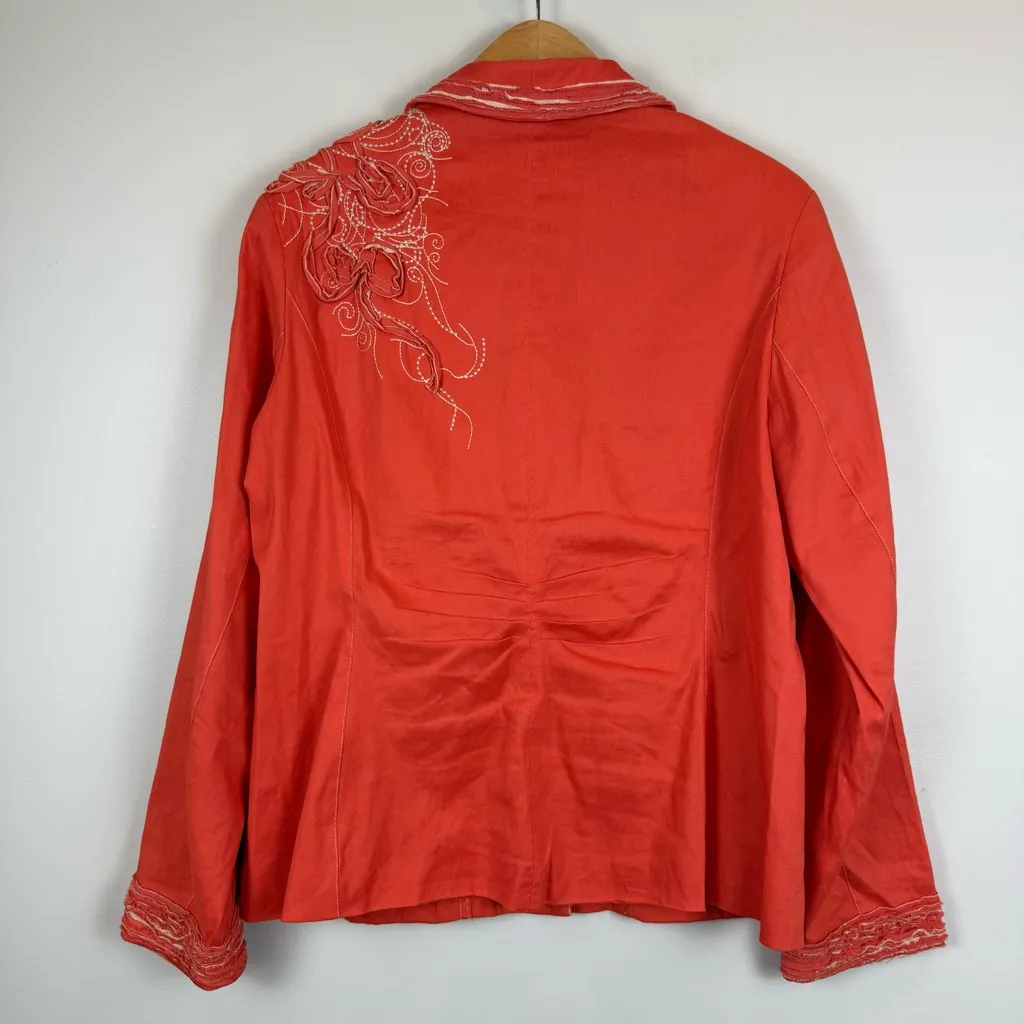 Coldwater Creek Jacket Womens Size 16 Coral Linen Blend Embroidered Snap Button - Image 7