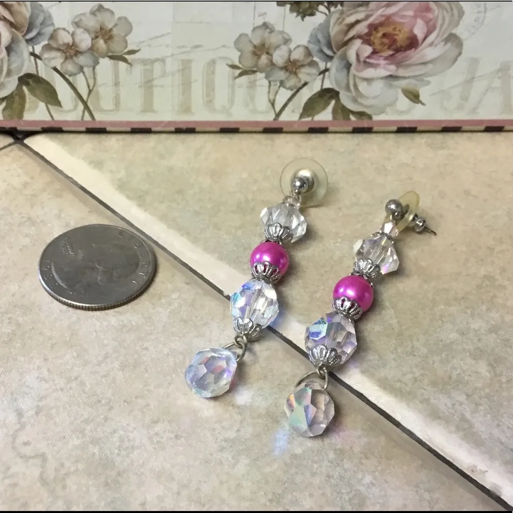 Iridescent Crystal & Pink Bead Earrings 2.5” - Image 6