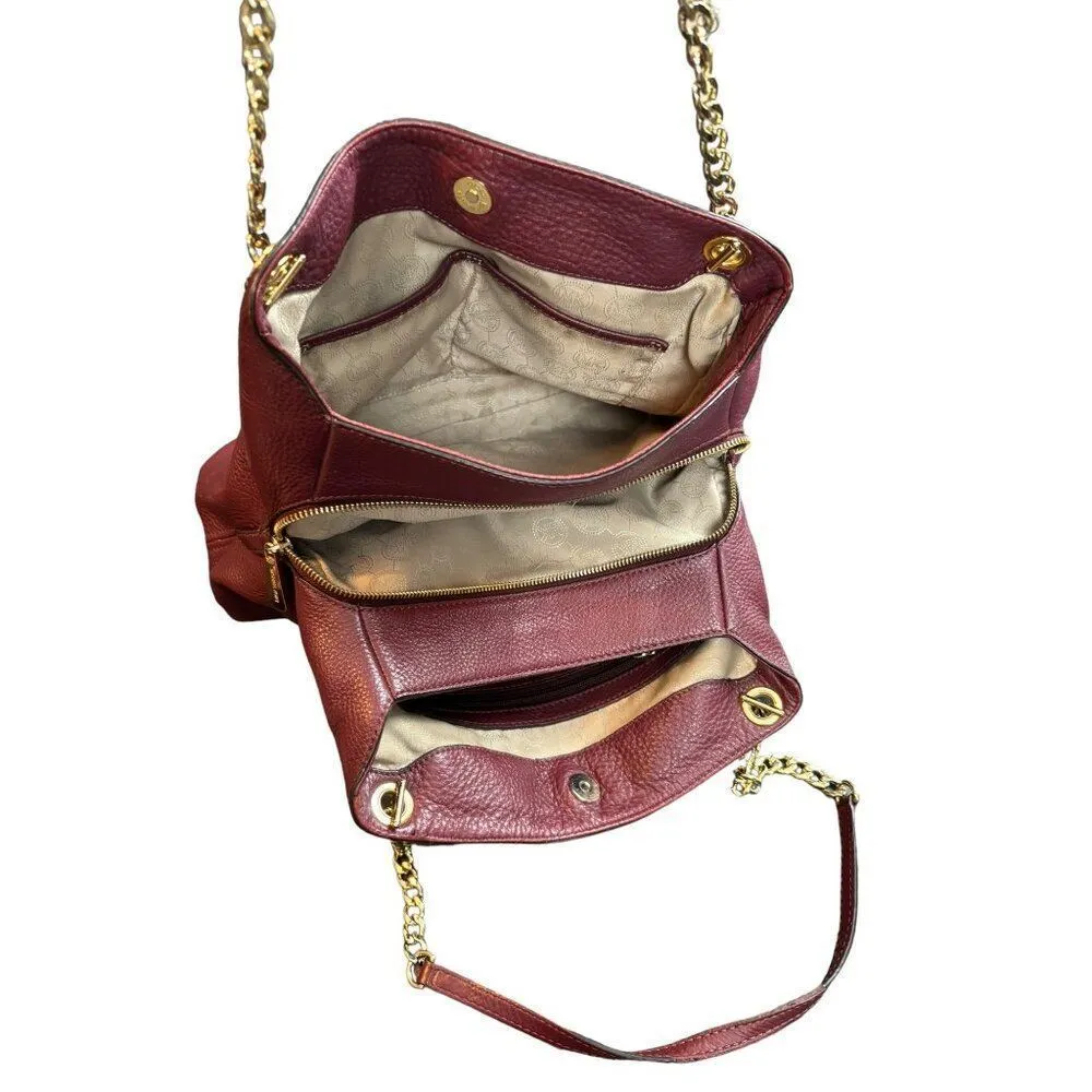 Michael Kors Pebbled Leather Shoulder Bag Burgundy Gold Chain Strap Multi-Compar - Image 6