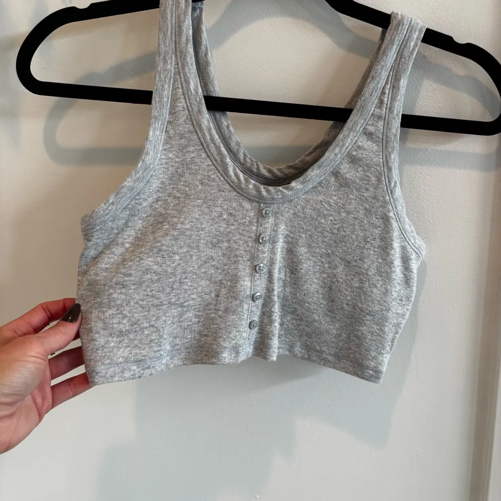 Aerie Pointelle Gray Longline Henley Button Tank Top Built in Bra Size Small - Image 4