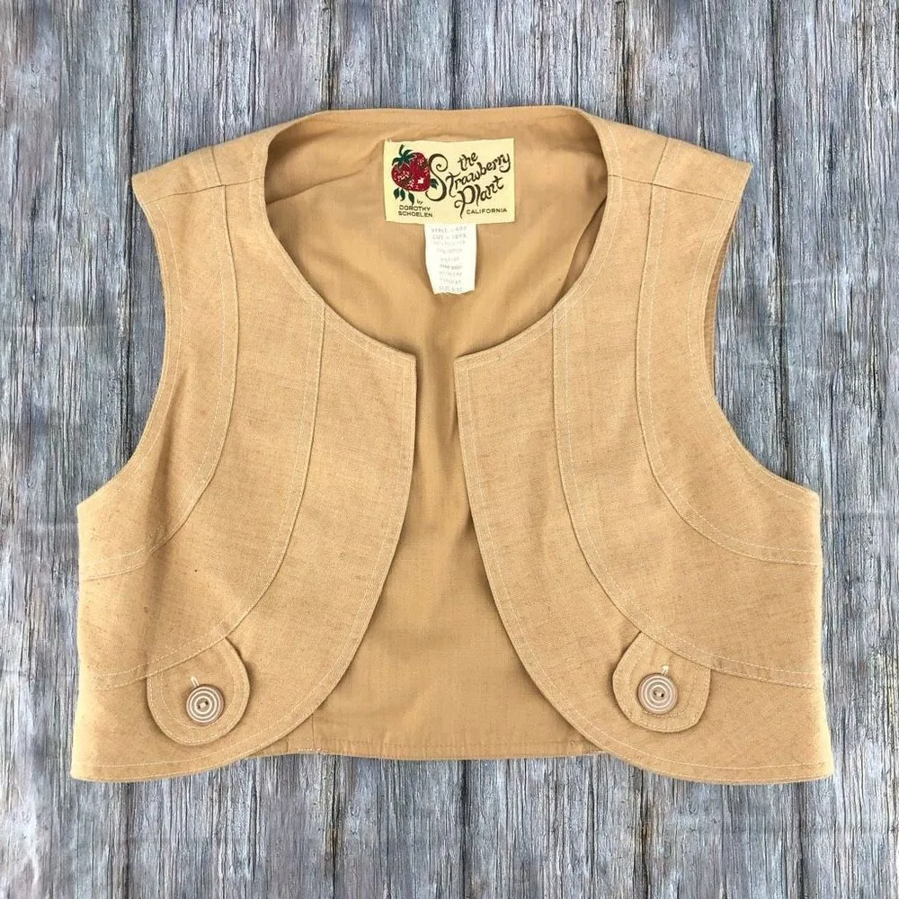 70’s Vintage Cropped The Strawberry Plant Camel Collarless Vest - Image 3